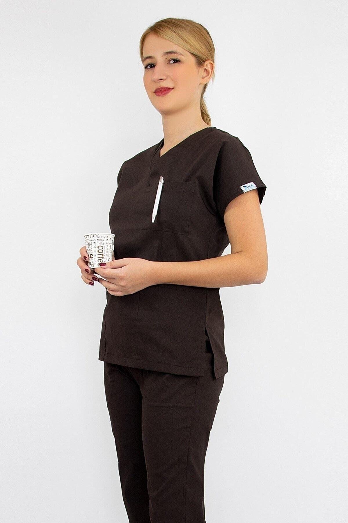 Koyu Kahverengi Likralı Alt Üst Takım-Nur Medikal Giyim