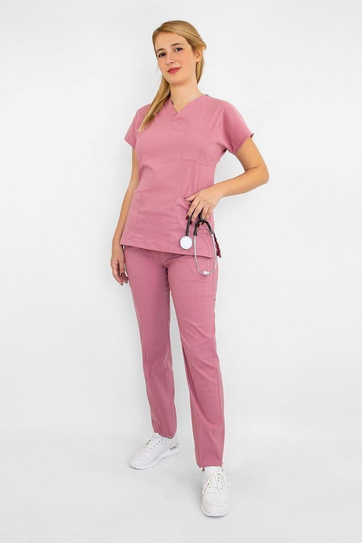 Koyu Pudra Likralı Alt Üst Takım-Nur Medikal Giyim