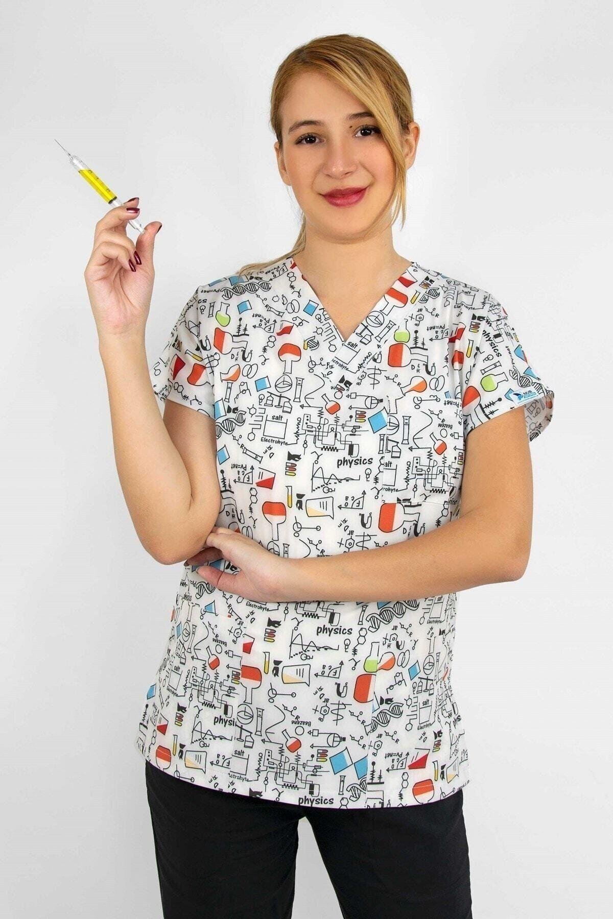 Laborant Desenli Likralı Alt Üst Takım-Nur Medikal Giyim