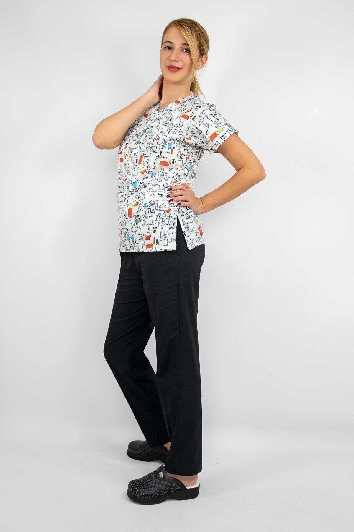 Laborant Desenli Likralı Alt Üst Takım-Nur Medikal Giyim