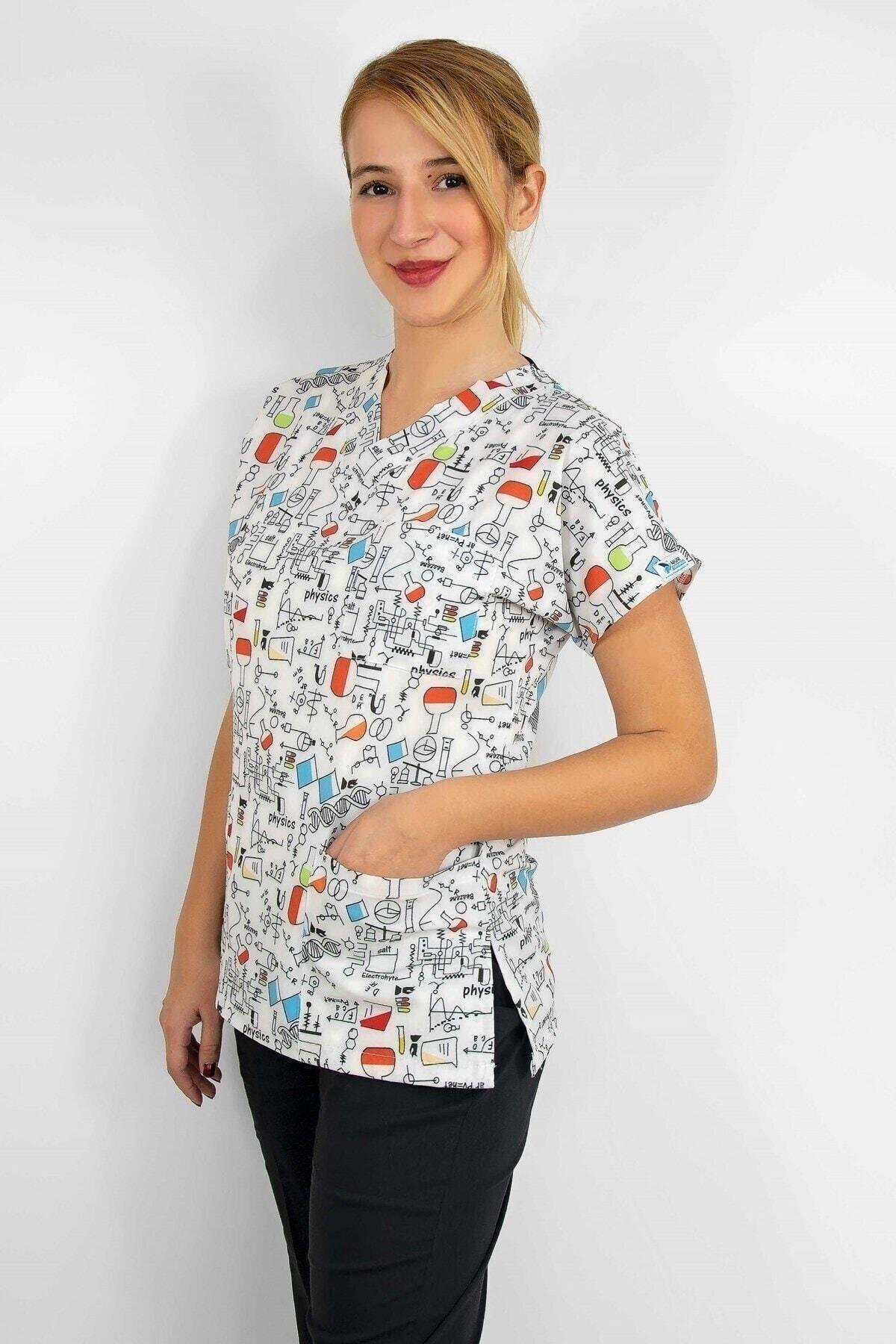 Laborant Desenli Likralı Alt Üst Takım-Nur Medikal Giyim