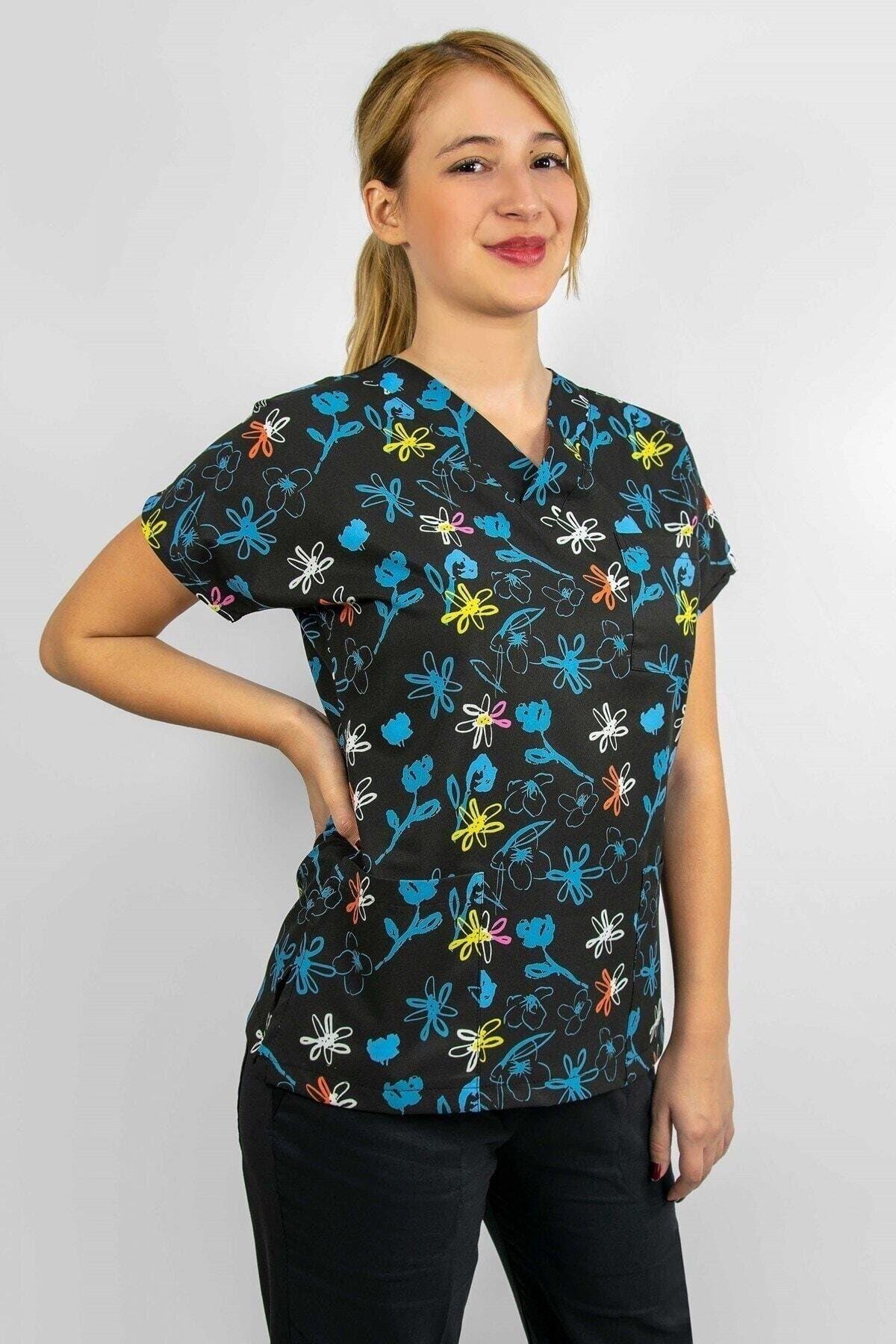 Lacivert Çiçek Desenli Likralı Alt Üst Takım-Nur Medikal Giyim