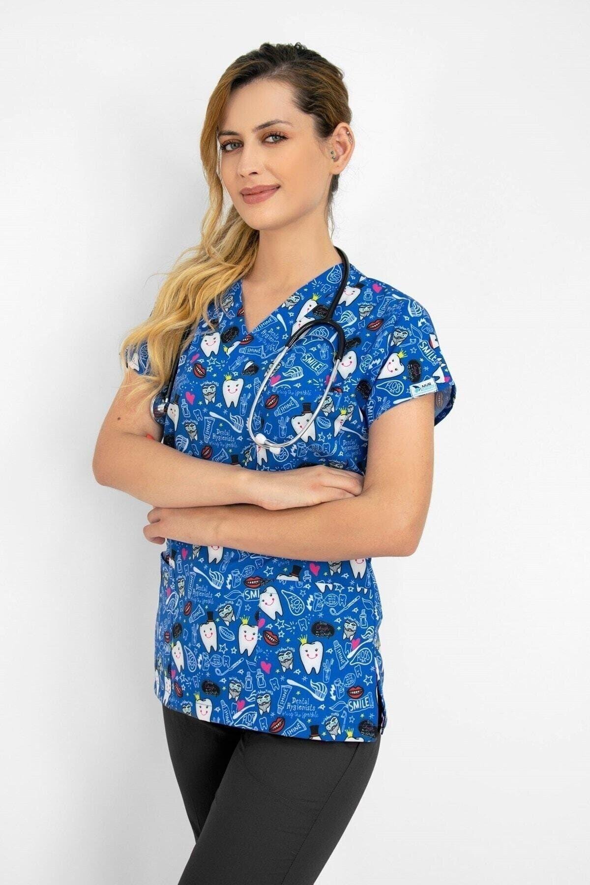 Lacivert Diş Desenli Dijital Baskı Üst Forma-Nur Medikal Giyim
