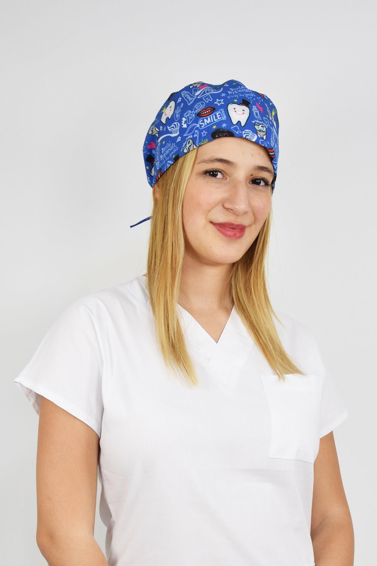 Lacivert Diş Desenli Doktor Hemşire Hastane Cerrahi Bonesi-Nur Medikal Giyim