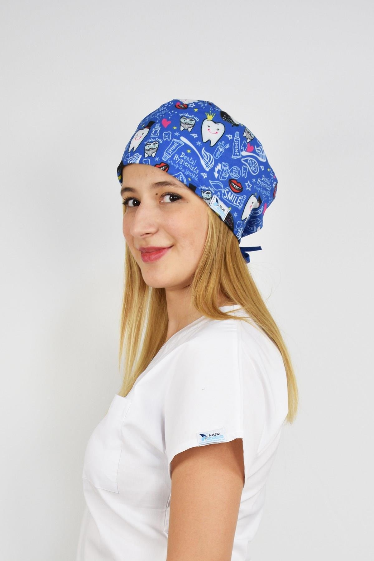 Lacivert Diş Desenli Doktor Hemşire Hastane Cerrahi Bonesi-Nur Medikal Giyim