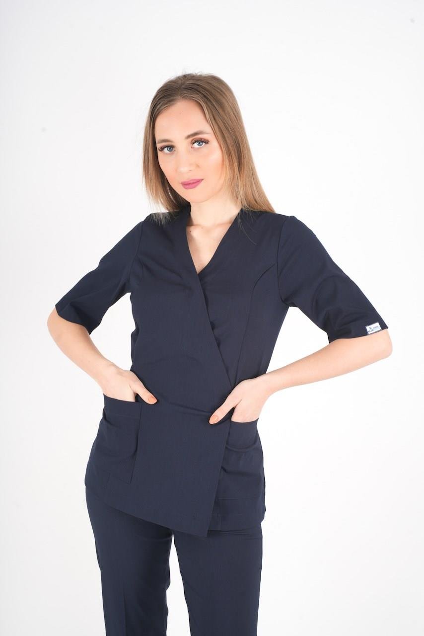 Lacivert Elegant Model Cerrahi Üniforma Belden Bağlamalı Scrubs Takım-Nur Medikal Giyim