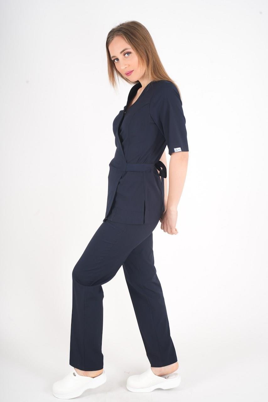 Lacivert Elegant Model Cerrahi Üniforma Belden Bağlamalı Scrubs Takım-Nur Medikal Giyim