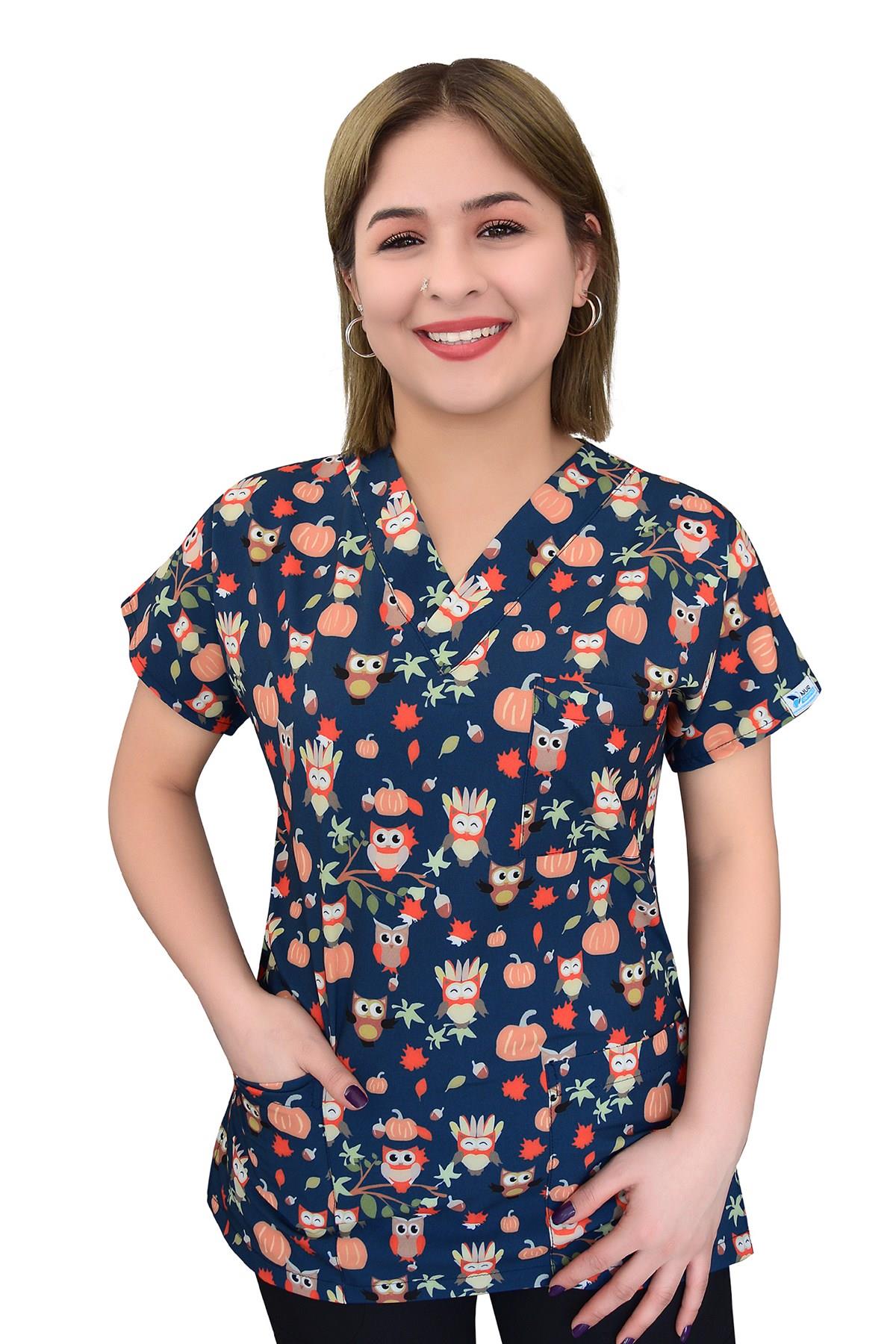 Lacivert Kabaklı Baykuş Desenli Hastane Doktor Hemşire Tek Üst Forma-Nur Medikal Giyim