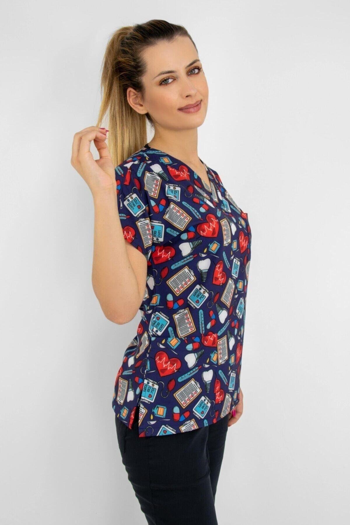 Lacivert Kalp Ritimli Likralı Alt Üst Takım Üniforma-Nur Medikal Giyim