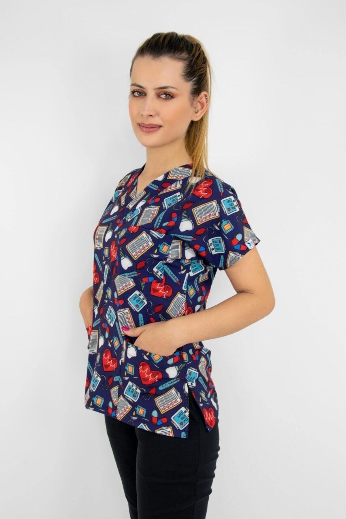 Lacivert Kalp Ritimli Likralı Alt Üst Takım Üniforma-Nur Medikal Giyim