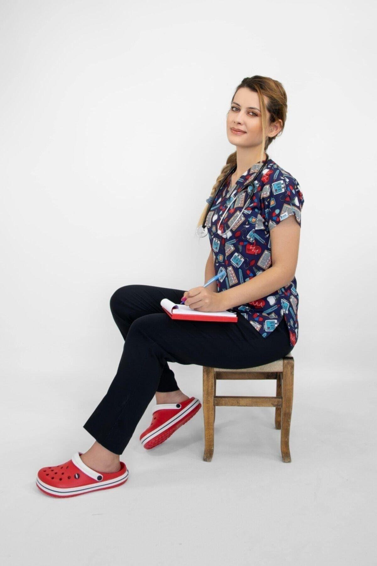 Lacivert Kalp Ritimli Likralı Alt Üst Takım Üniforma-Nur Medikal Giyim