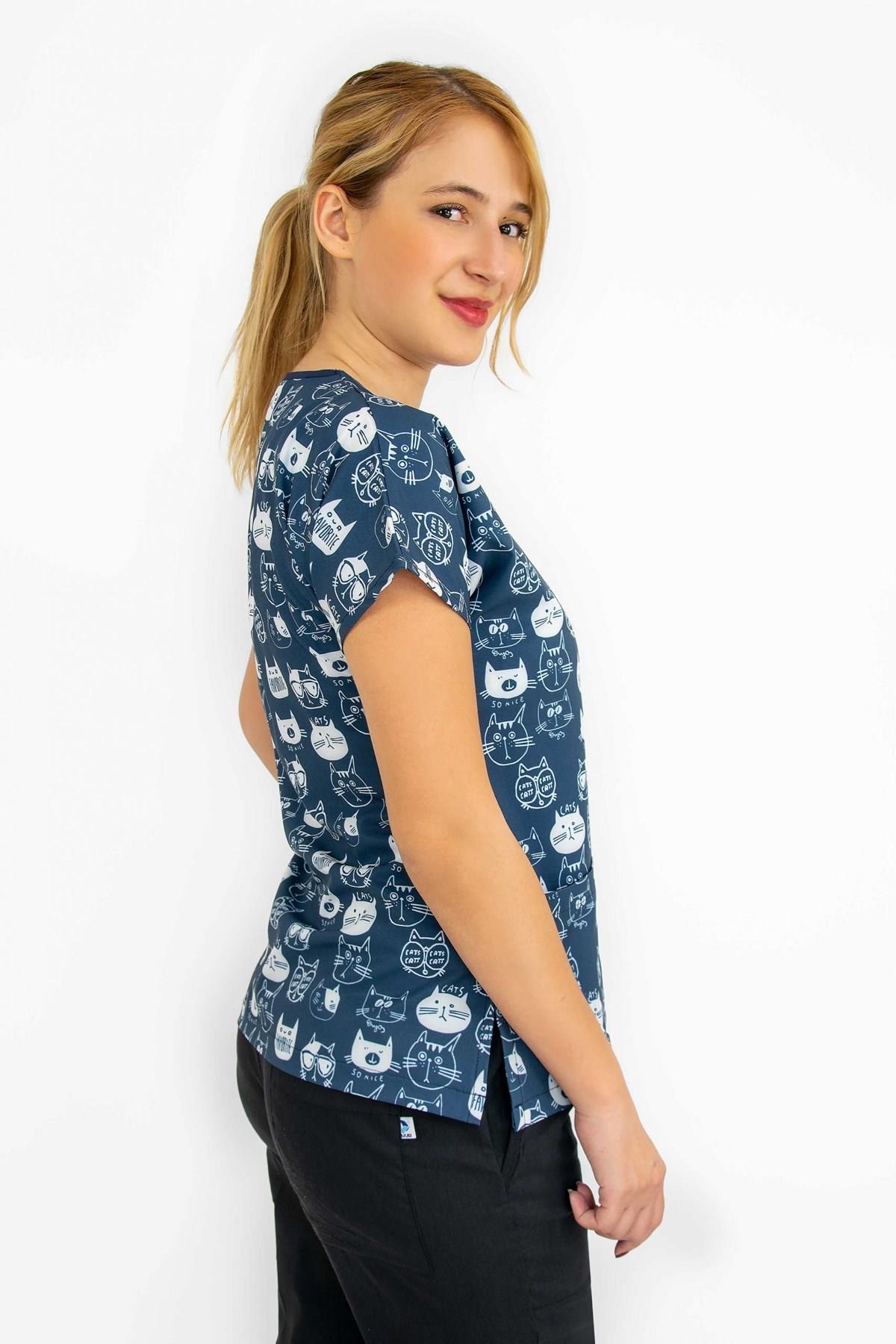 Lacivert Kedili Doktor Hemşire Hastane Tek Üst Forma-Nur Medikal Giyim