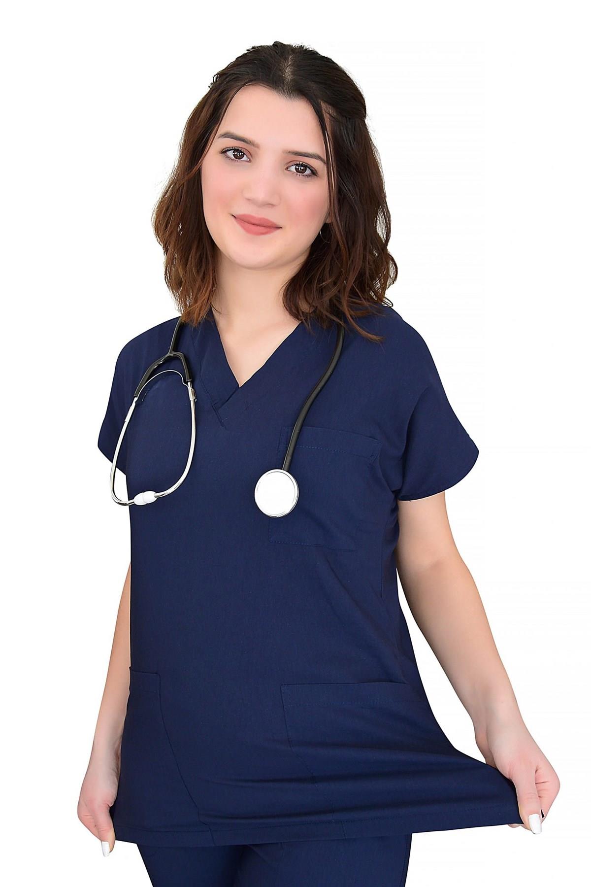 Lacivert Likralı Doktor Hemşire Hastane Cerrahi Tek Üst Forma-Nur Medikal Giyim