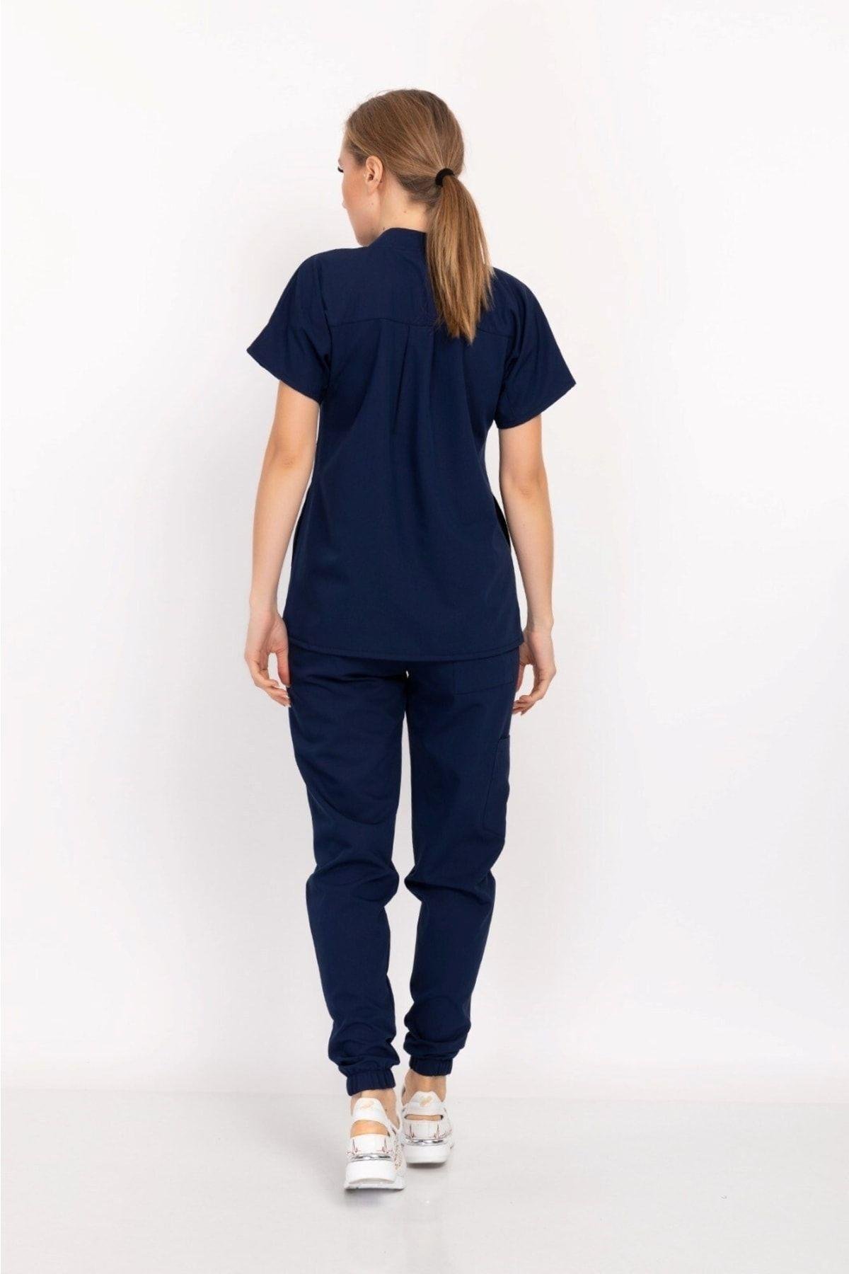 Lacivert Renk Çıt Çıtlı Hakim Yaka Soft Likra Doktor, Hemşire, Hastane, Nöbet Forma Takım-Nur Medikal Giyim