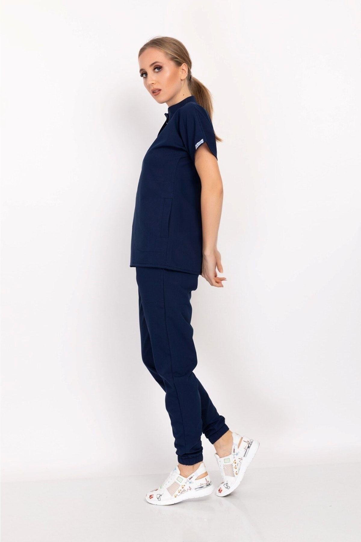 Lacivert Renk Çıt Çıtlı Hakim Yaka Soft Likra Doktor, Hemşire, Hastane, Nöbet Forma Takım-Nur Medikal Giyim