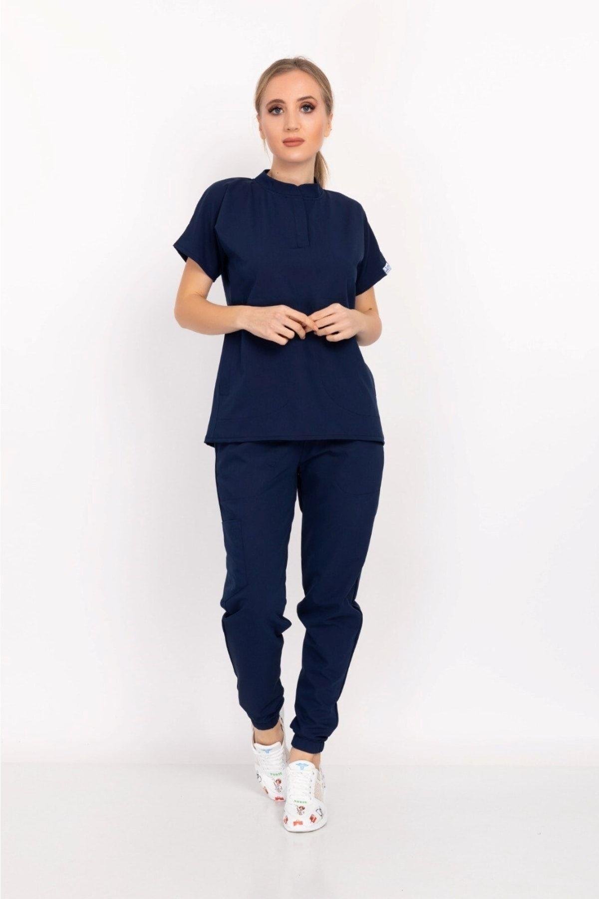 Lacivert Renk Çıt Çıtlı Hakim Yaka Soft Likra Doktor, Hemşire, Hastane, Nöbet Forma Takım-Nur Medikal Giyim