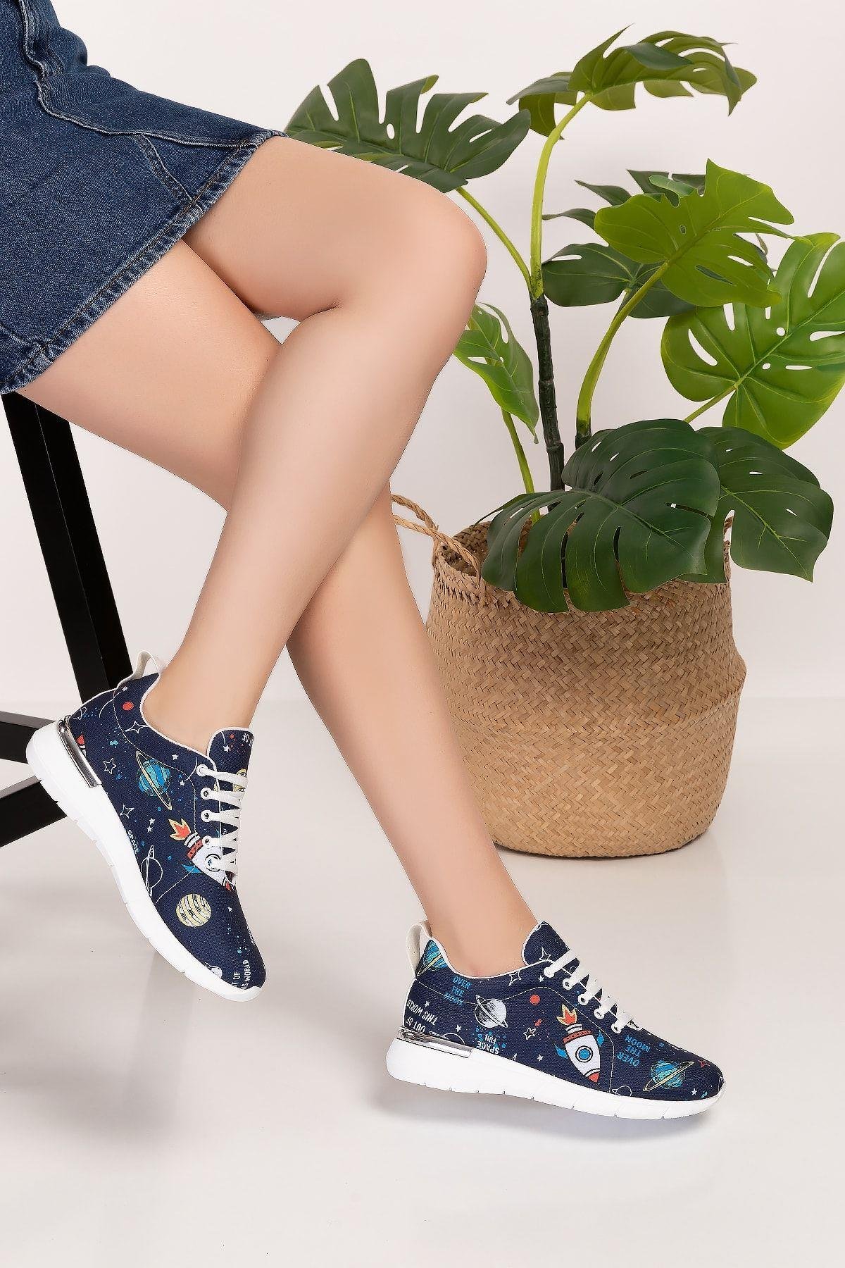 Lacivert Renk Gezegen Desenli Bez Ortopedik Spor Ayakkabı-Nur Ortopedi