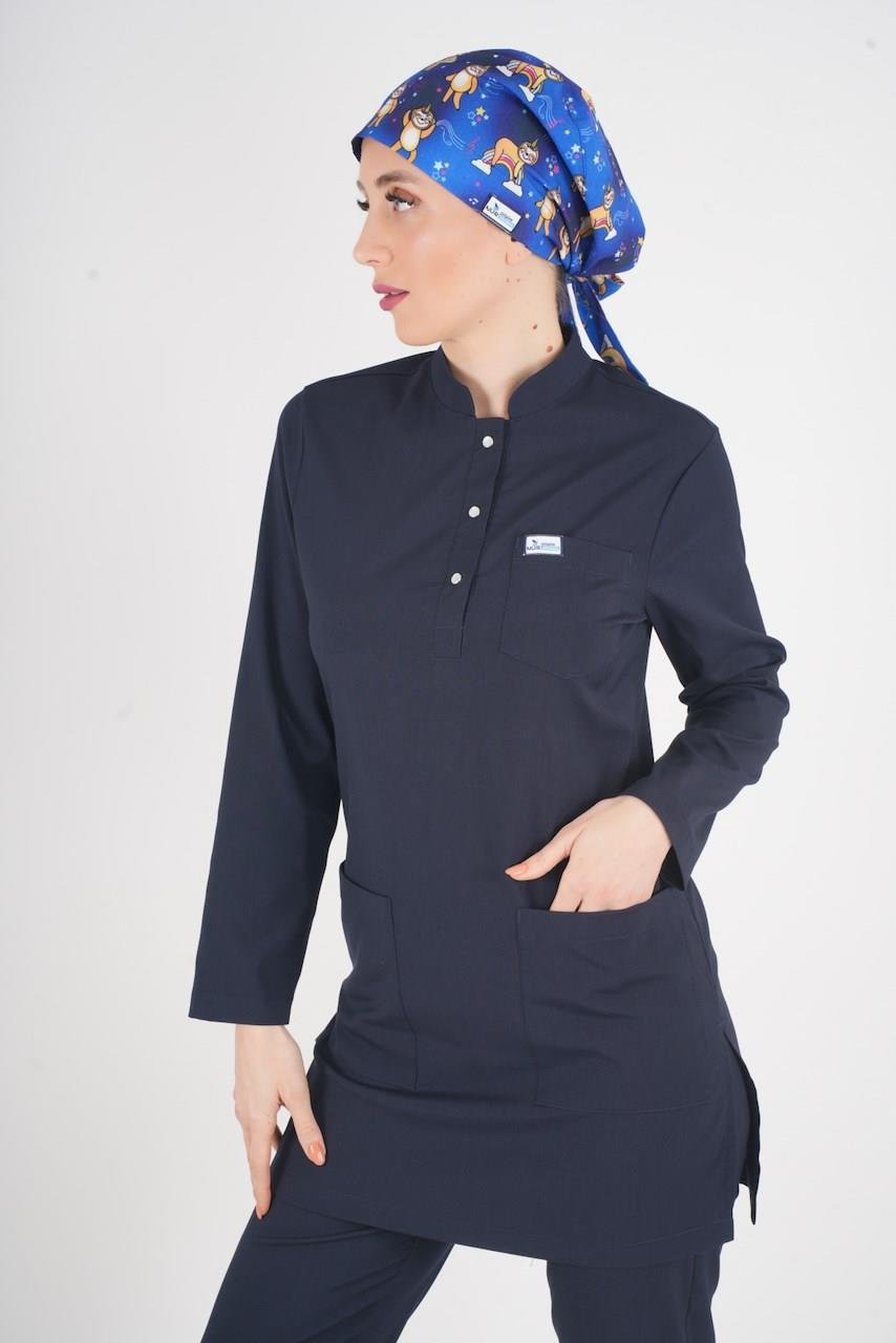 Lacivert Renk Sakura Model Tesettür Doktor Hemşire Scrubs Üniforma Takımı-Nur Medikal Giyim
