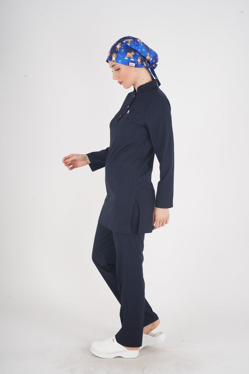 Lacivert Renk Sakura Model Tesettür Doktor Hemşire Scrubs Üniforma Takımı-Nur Medikal Giyim