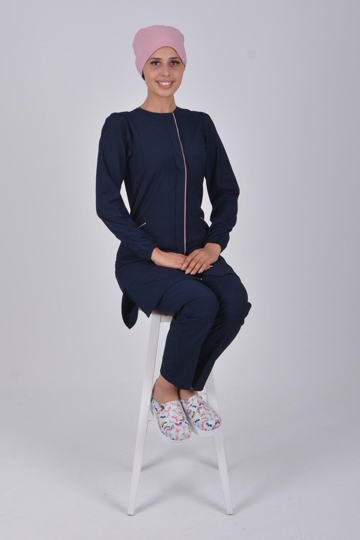 Lacivert Soft Likra Hemşire Doktor Tesettür Alt Üst Takım Üniforma-Nur Medikal Giyim