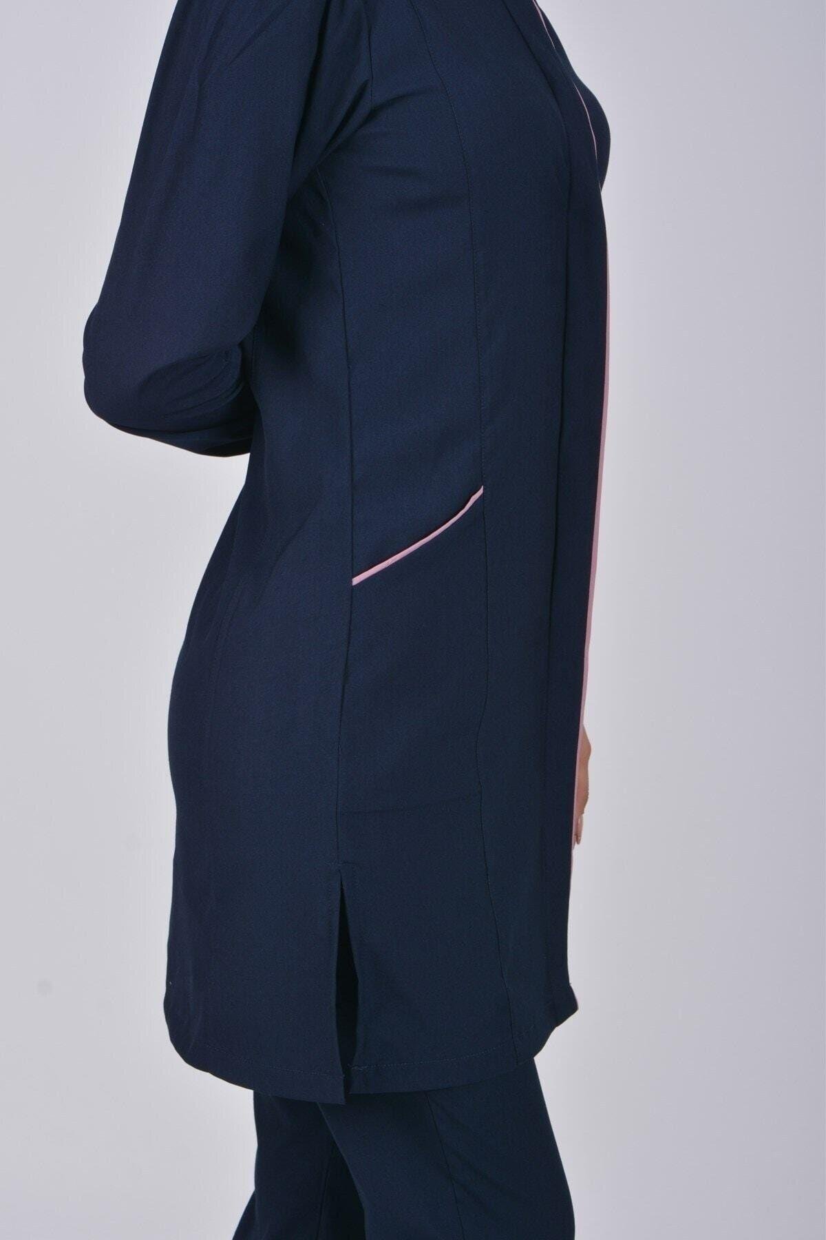 Lacivert Soft Likra Hemşire Doktor Tesettür Alt Üst Takım Üniforma-Nur Medikal Giyim