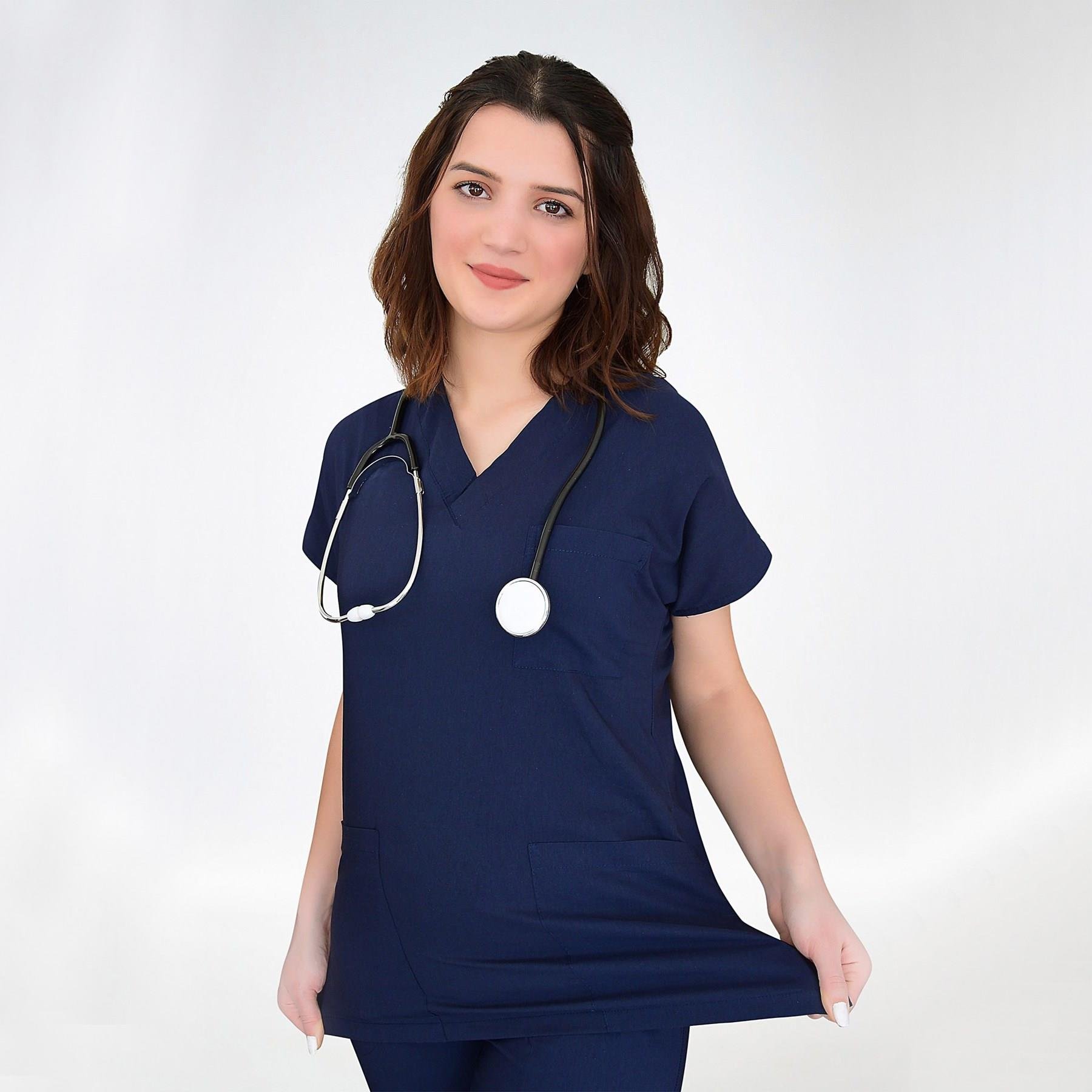 Lacivert Soft Likra Hemşire Hastane Doktor Cerrahi Takım Üniforma-Nur Medikal Giyim