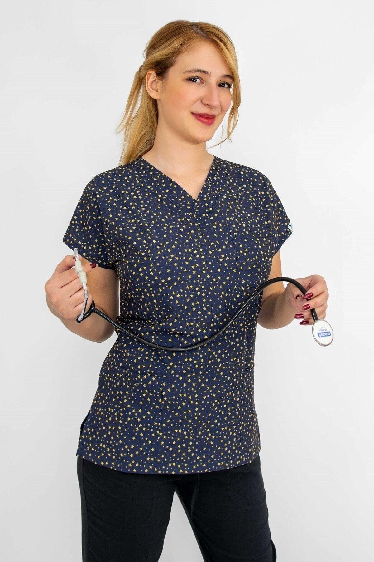 Lacivert Yıldız Desenli Likralı Alt Üst Takım-Nur Medikal Giyim