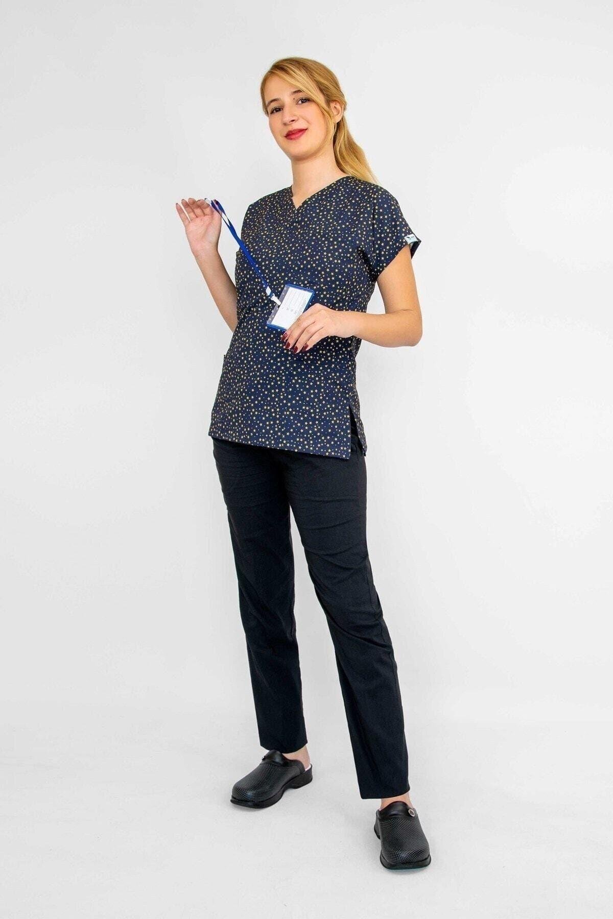 Lacivert Yıldız Desenli Likralı Alt Üst Takım-Nur Medikal Giyim