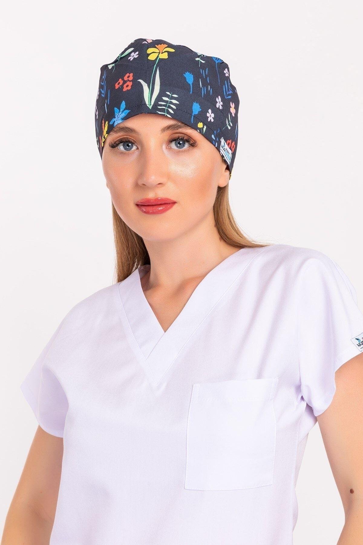 Lale Desenli Doktor Hemşire Hastane Medikal Cerrahi Bone B150-Nur Medikal Giyim