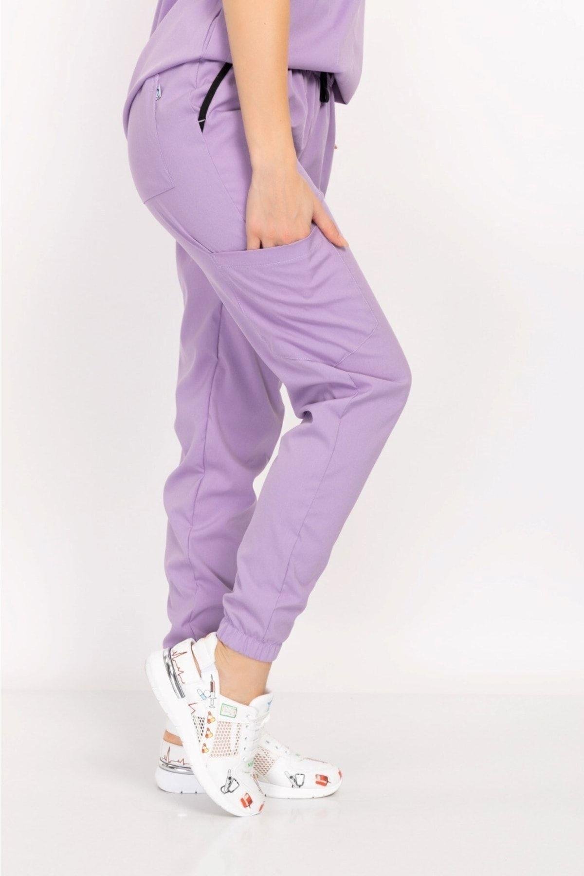 Lila Renk Çıt Çıtlı Hakim Yaka Soft Likra Doktor, Hemşire, Hastane, Nöbet Forma Takım-Nur Medikal Giyim