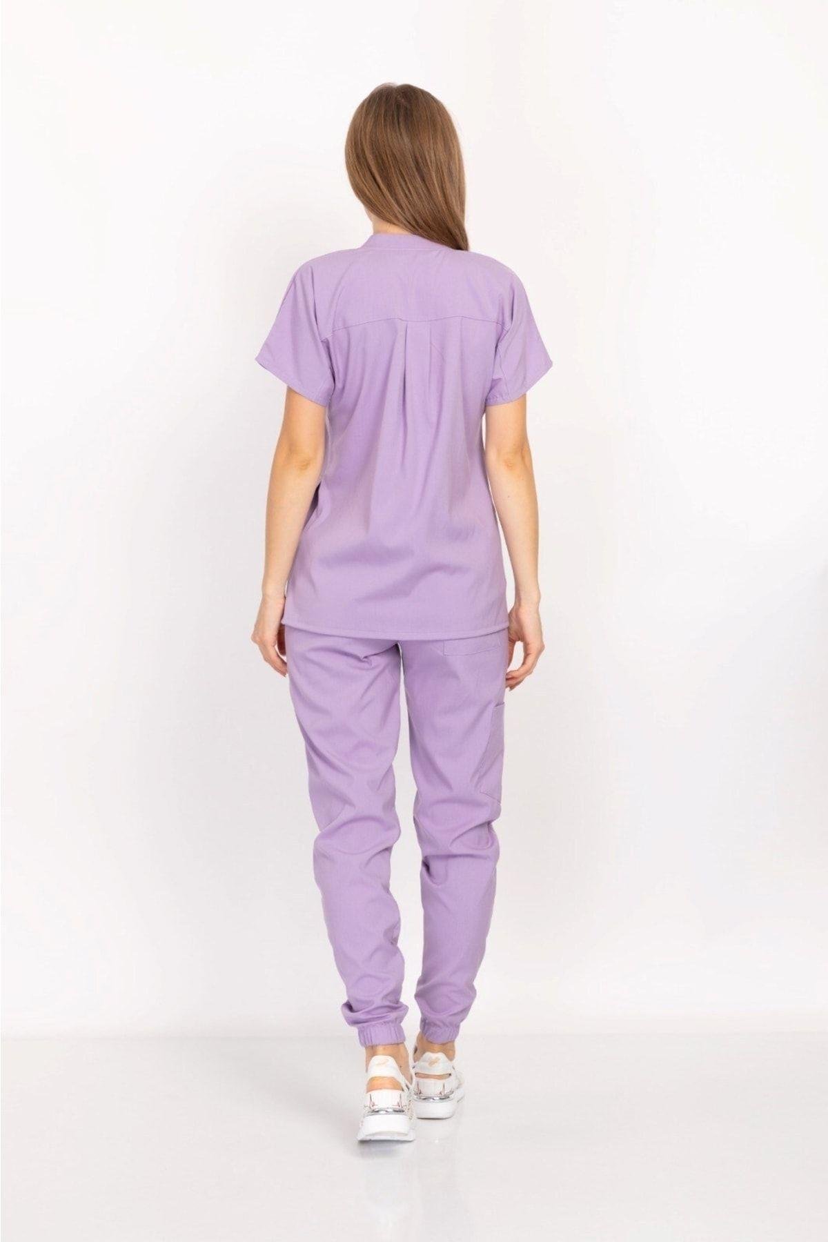Lila Renk Çıt Çıtlı Hakim Yaka Soft Likra Doktor, Hemşire, Hastane, Nöbet Forma Takım-Nur Medikal Giyim
