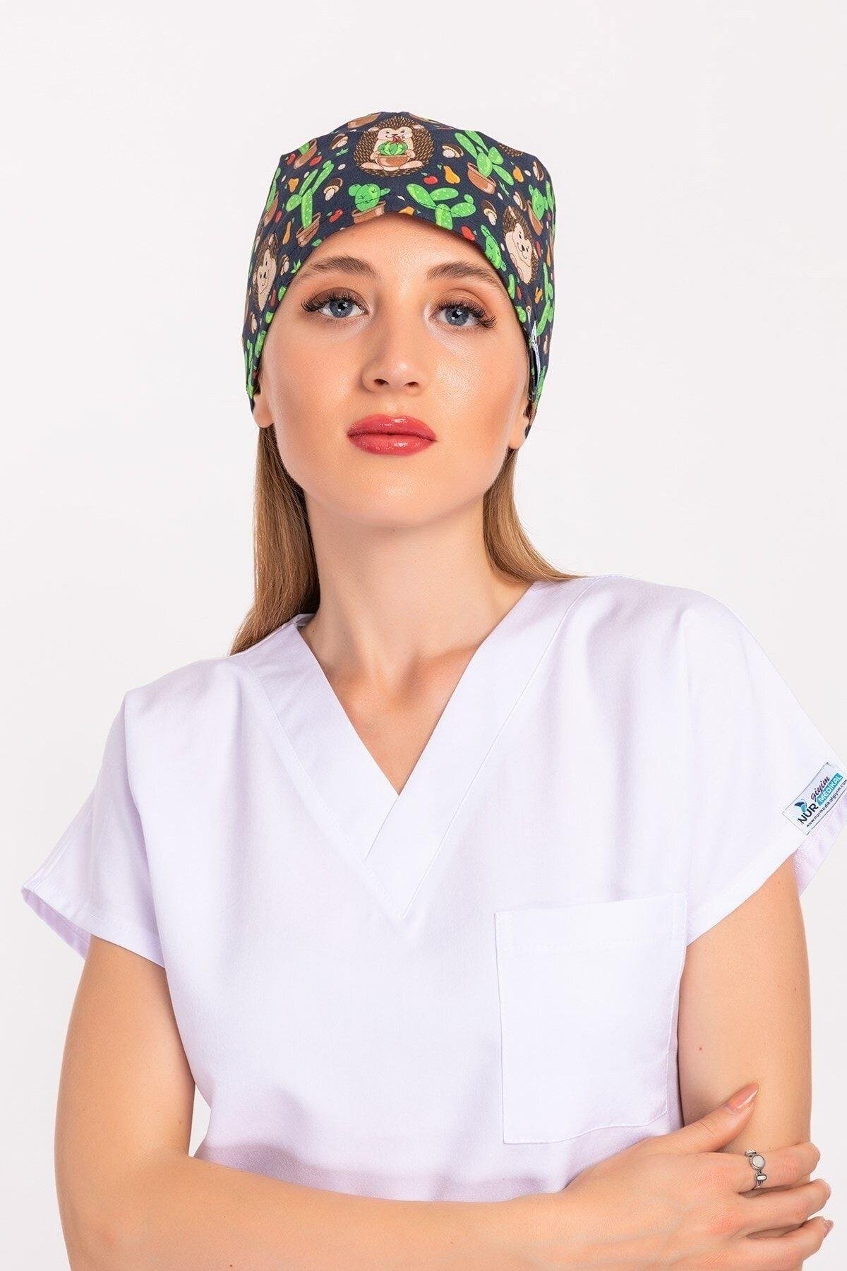 Master Likra Kaktüs Kirpi Desenli Doktor Hemşire Hastane Cerrahi Bone-Nur Medikal Giyim