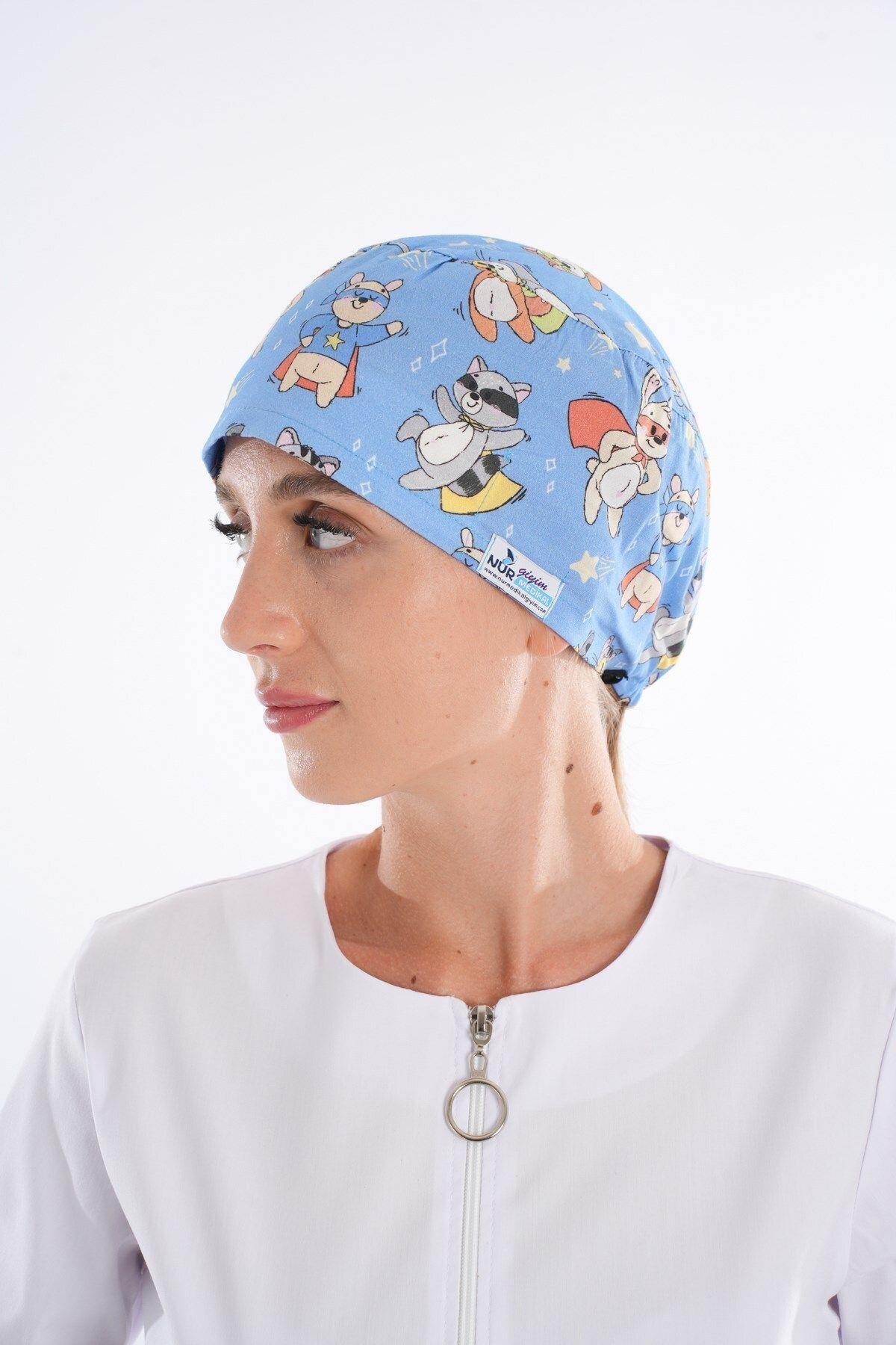 Master Likra Maskeli Kedi Desenli Doktor Hemşire Hastane Cerrahi Bone B189-Nur Medikal Giyim