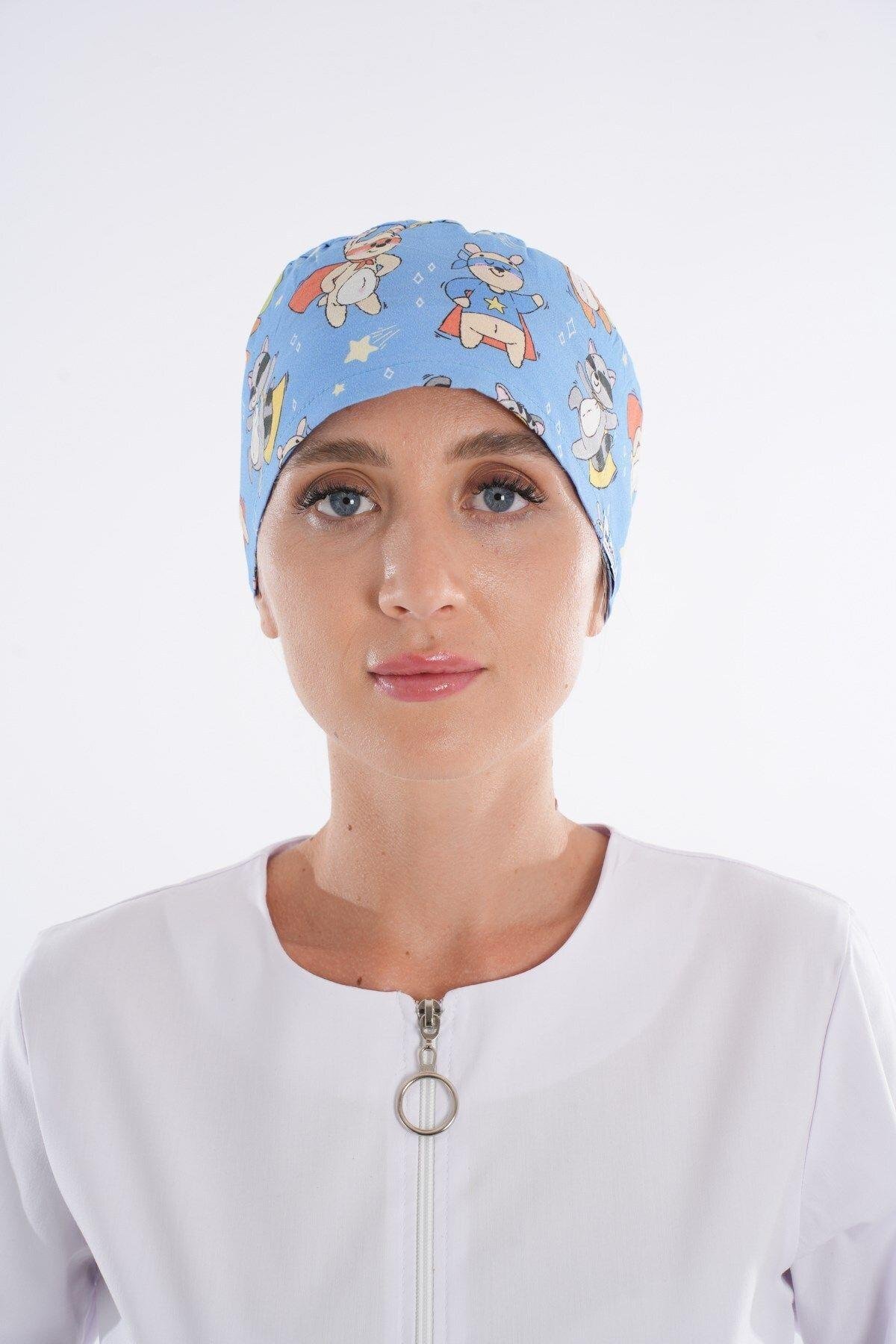 Master Likra Maskeli Kedi Desenli Doktor Hemşire Hastane Cerrahi Bone B189-Nur Medikal Giyim