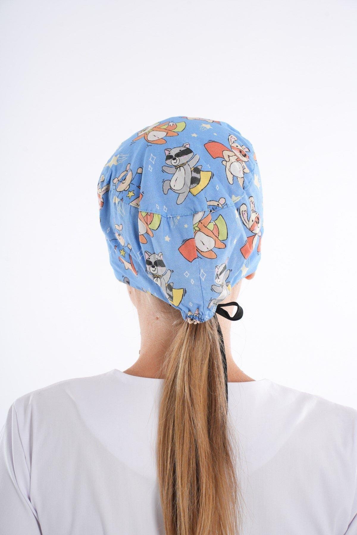 Master Likra Maskeli Kedi Desenli Doktor Hemşire Hastane Cerrahi Bone B189-Nur Medikal Giyim