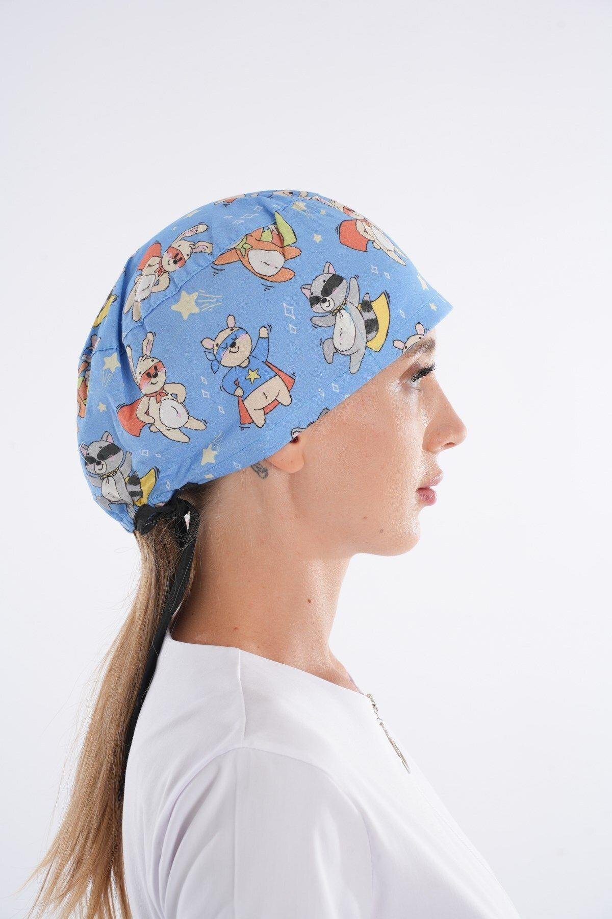 Master Likra Maskeli Kedi Desenli Doktor Hemşire Hastane Cerrahi Bone B189-Nur Medikal Giyim