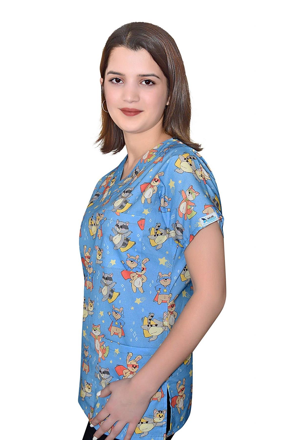 Master Likra Maskeli Kedi Temalı Pamuklu Doktor Hemşire Cerrahi Tek Üst Forma-Nur Medikal Giyim