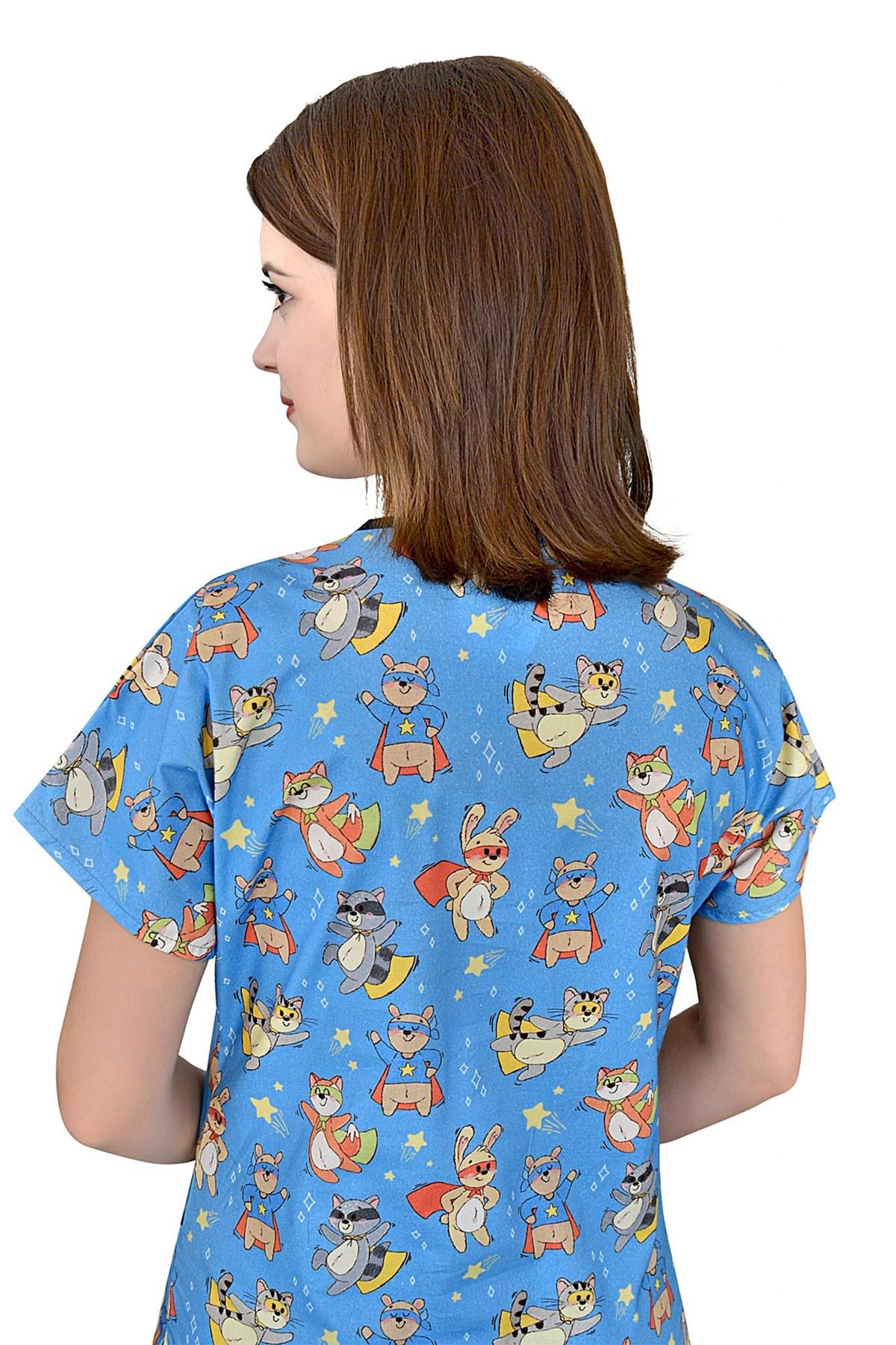 Master Likra Maskeli Kedi Temalı Pamuklu Doktor Hemşire Cerrahi Tek Üst Forma-Nur Medikal Giyim