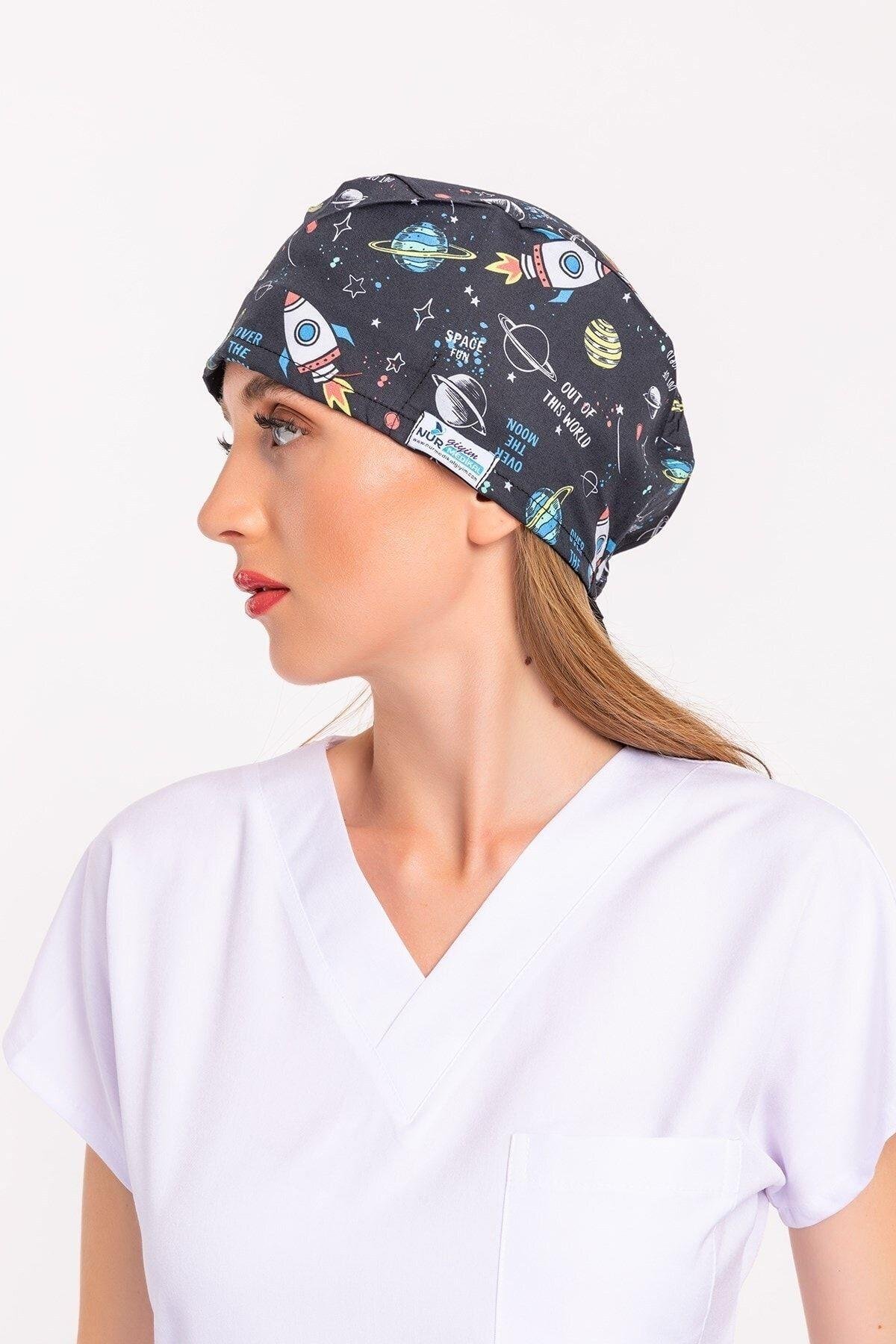 Master Likra Siyah Gezegen Desenli Doktor Hemşire Hastane Cerrahi Bone-Nur Medikal Giyim