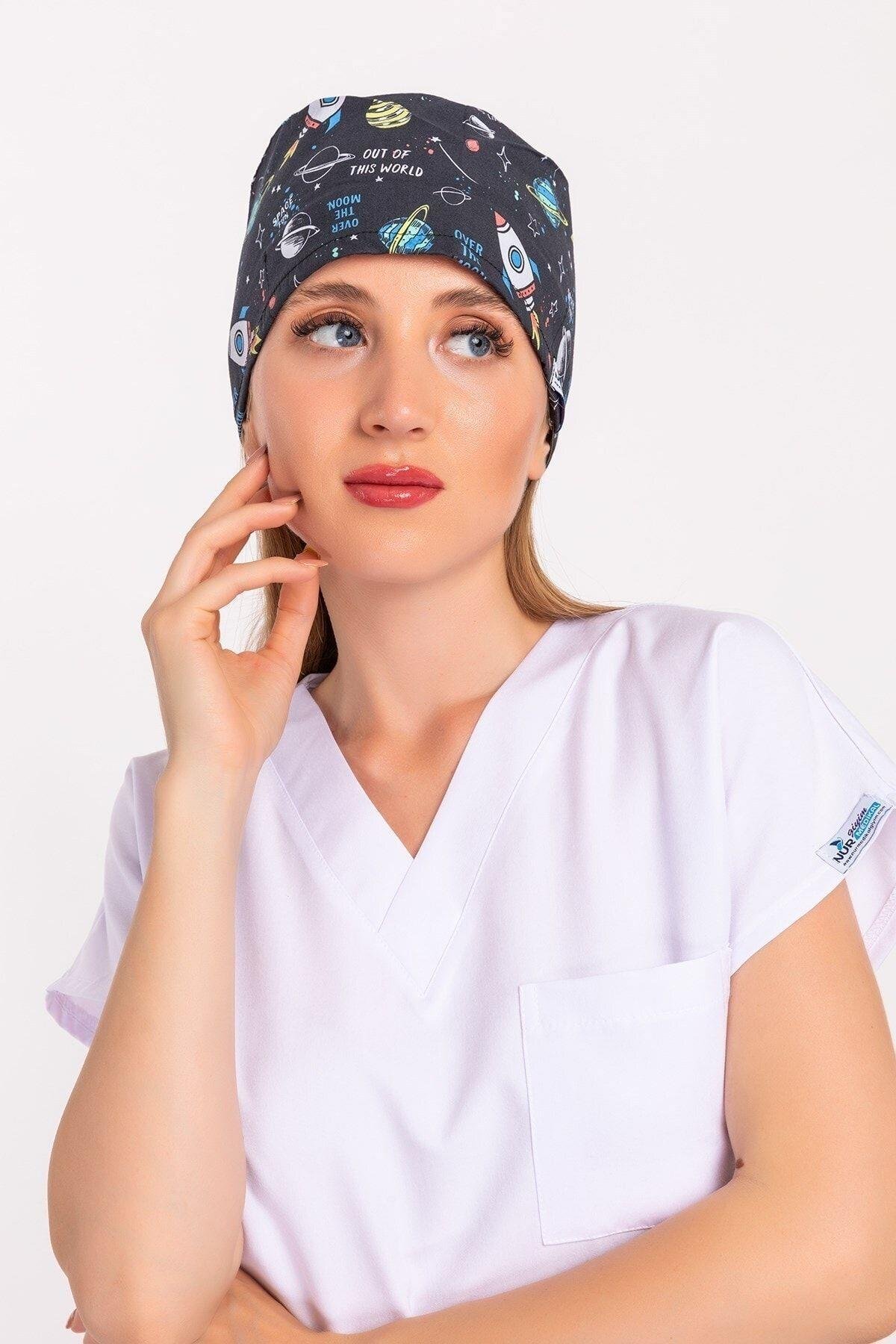 Master Likra Siyah Gezegen Desenli Doktor Hemşire Hastane Cerrahi Bone-Nur Medikal Giyim