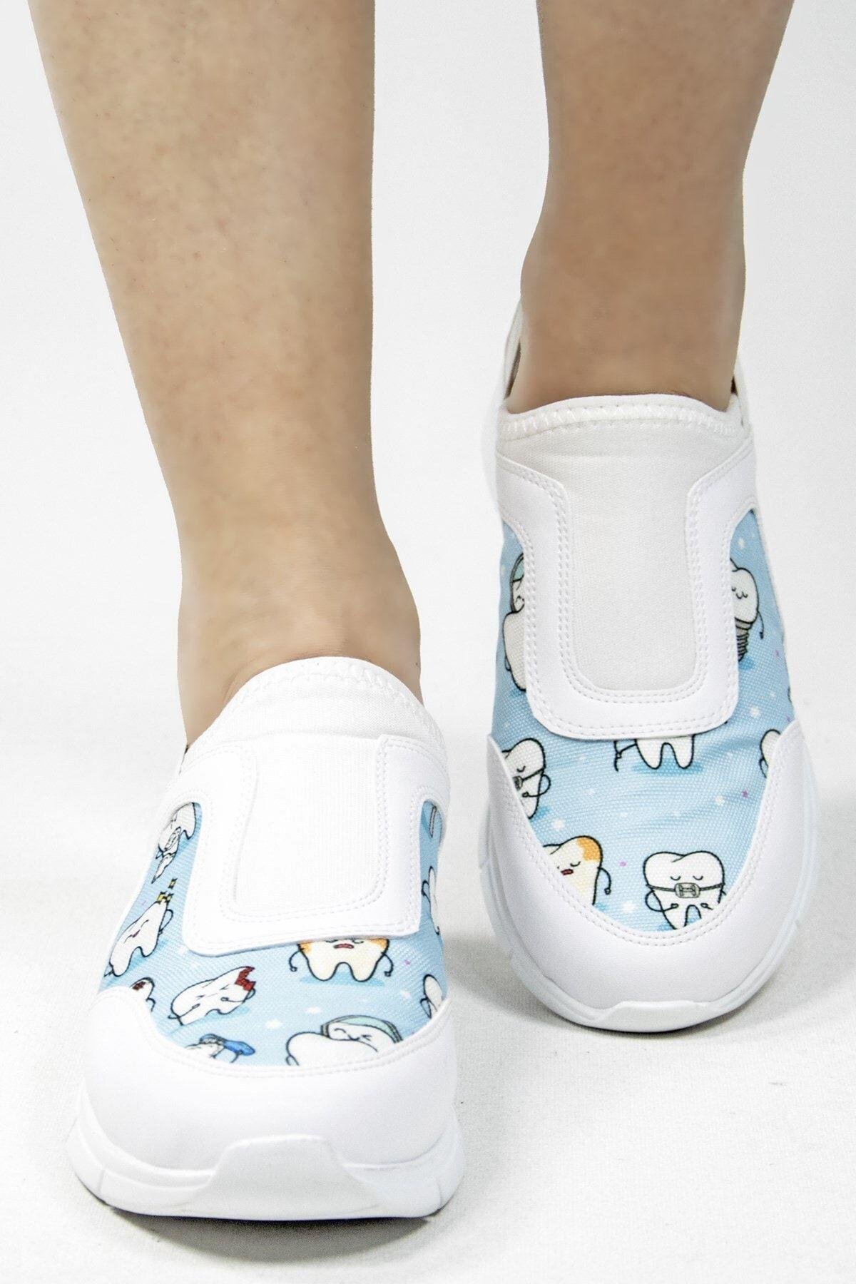 Mavi Diş Desenli Aynalı Streç Ortopedik Spor Ayakkabı-Nur Ortopedi