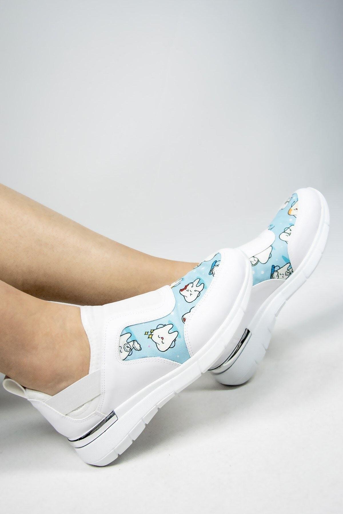 Mavi Diş Desenli Aynalı Streç Ortopedik Spor Ayakkabı-Nur Ortopedi