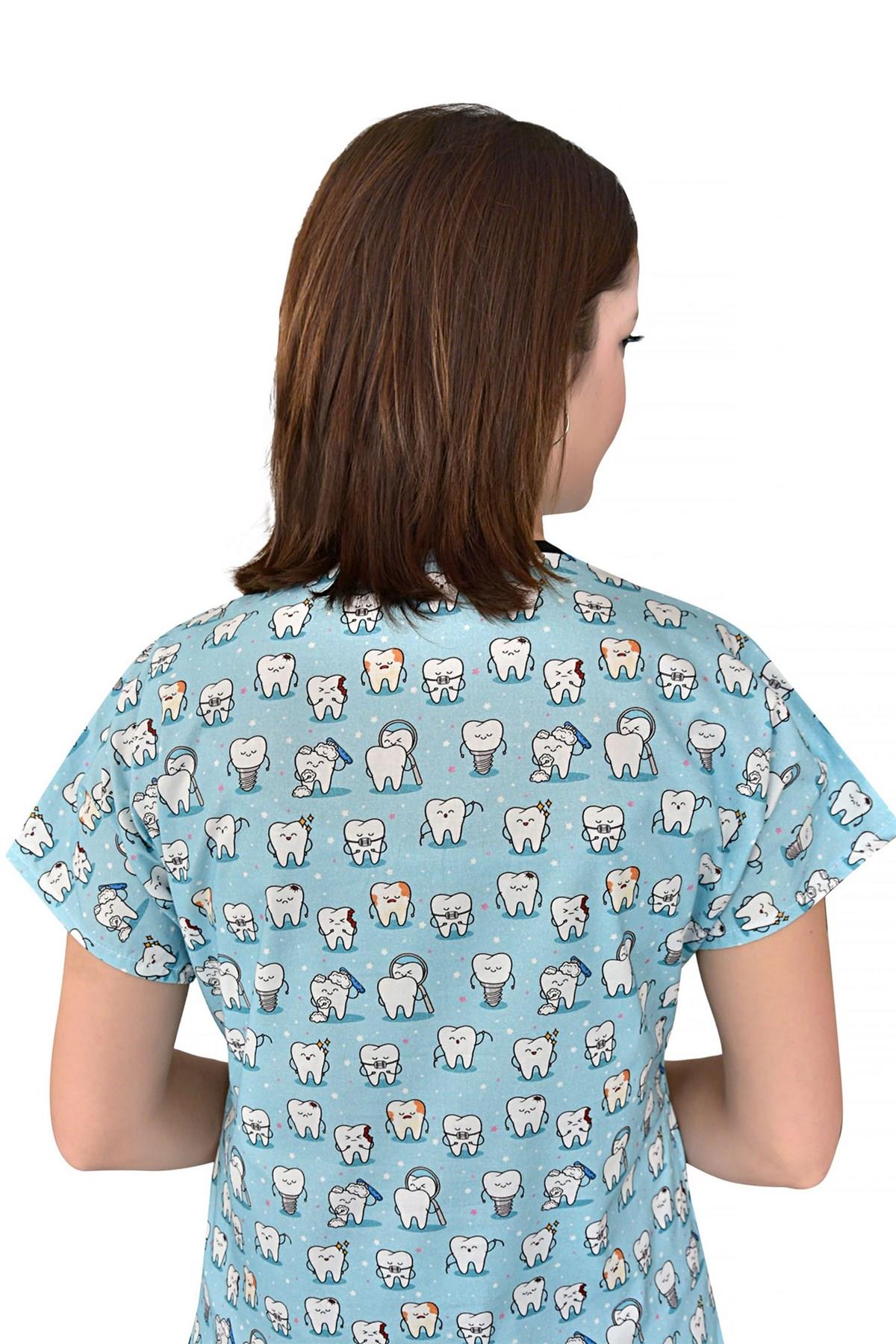 Mavi Diş Desenli Pamuklu Master Likra Diş Doktoru Hemşire Tek Üst Cerrahi Forma-Nur Medikal Giyim