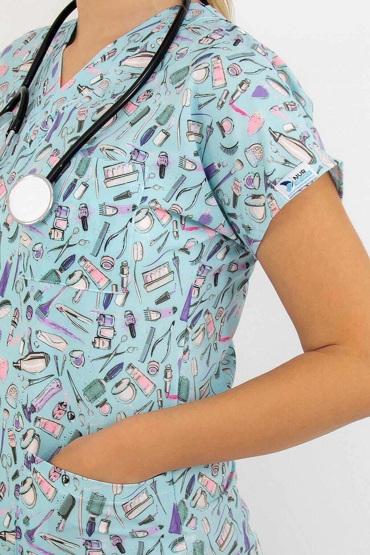 Mavi Güzellik Desenli Dijital Baskı Üst Forma-Nur Medikal Giyim