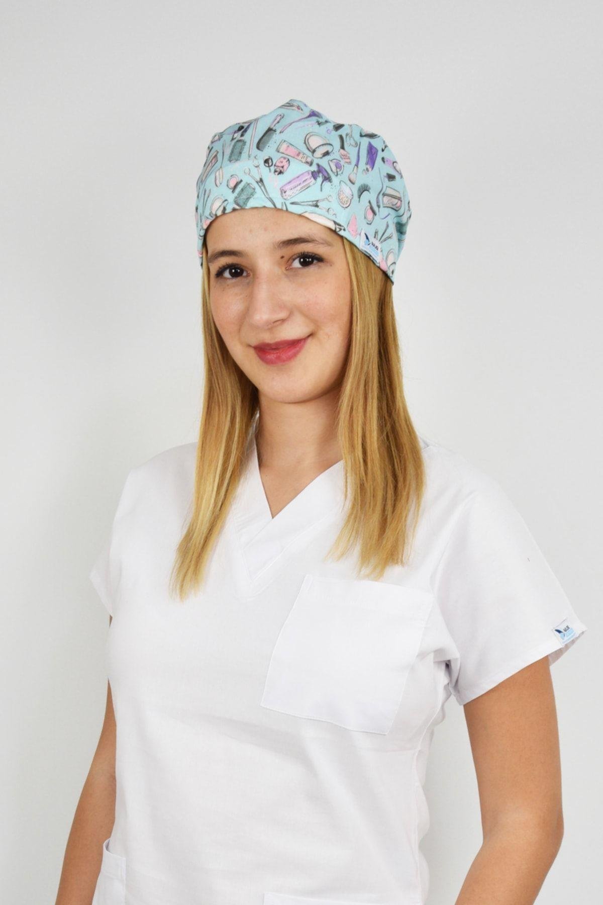 Mavi Güzellik Desenli Doktor Hemşire Hastane Cerrahi Bonesi-Nur Medikal Giyim