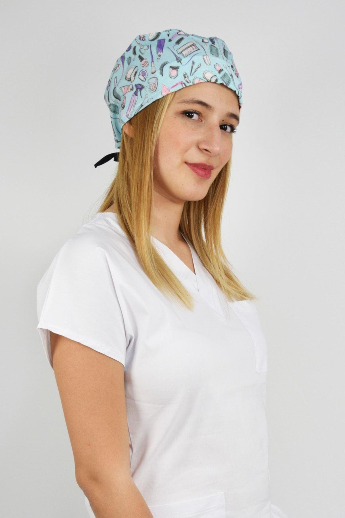 Mavi Güzellik Desenli Doktor Hemşire Hastane Cerrahi Bonesi-Nur Medikal Giyim