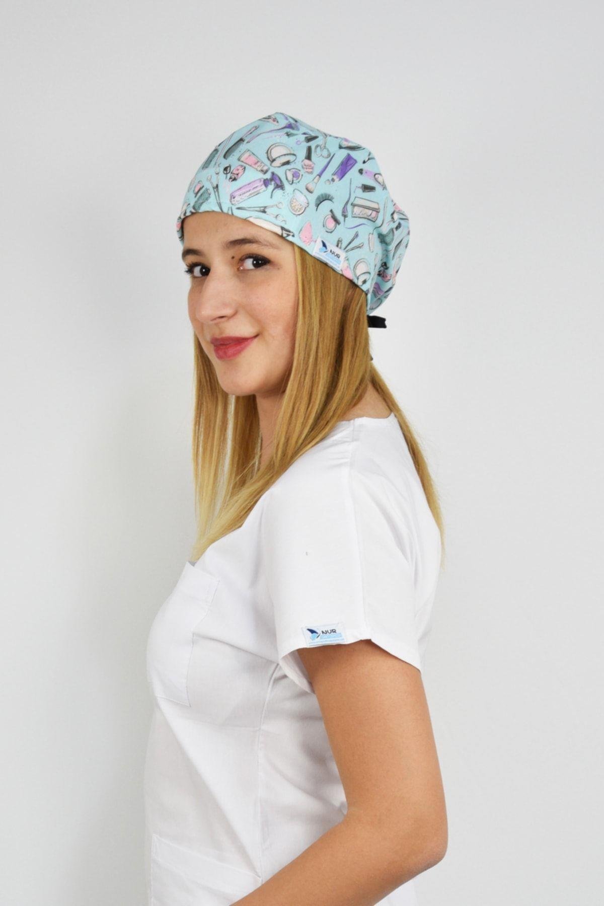 Mavi Güzellik Desenli Doktor Hemşire Hastane Cerrahi Bonesi-Nur Medikal Giyim