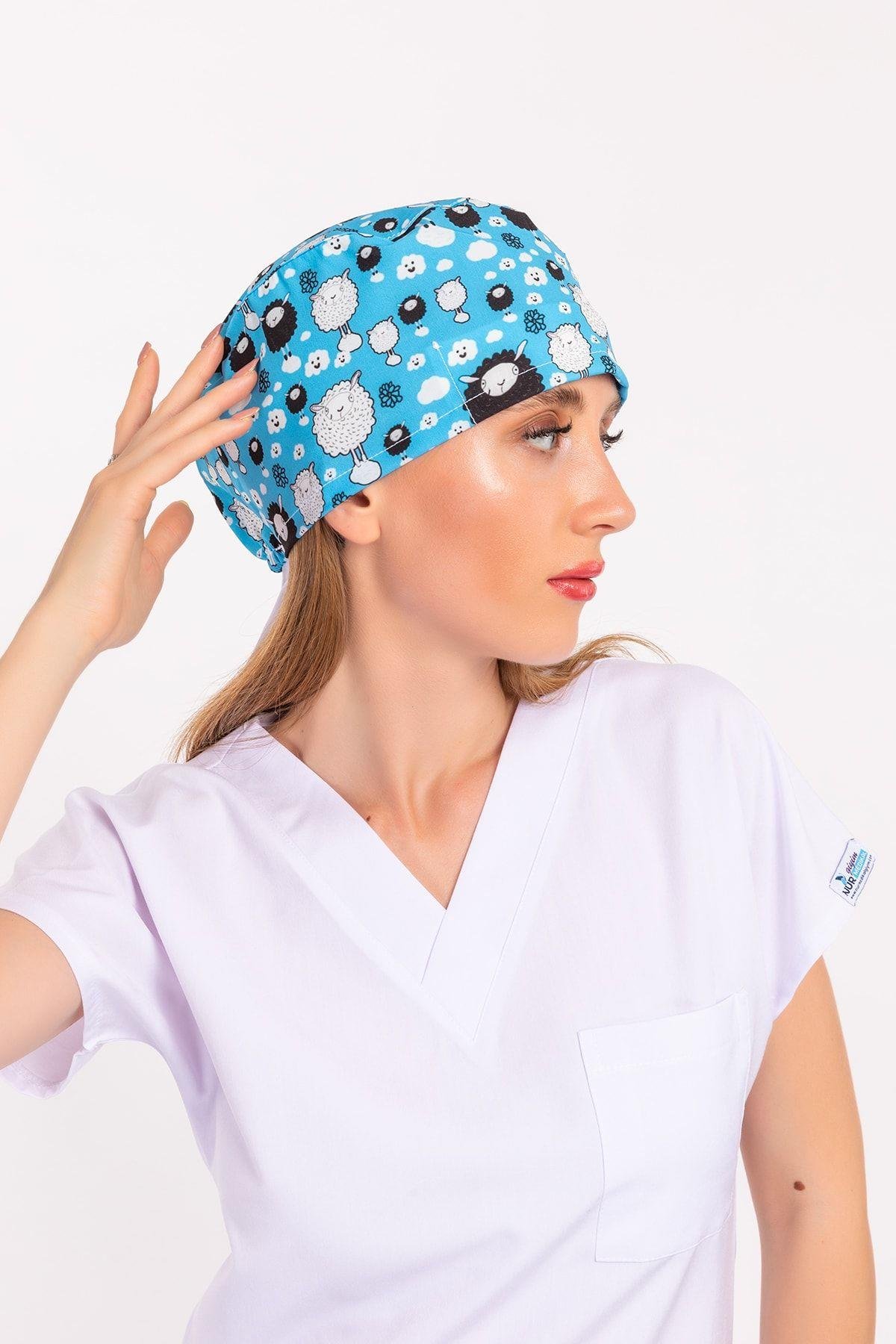 Mavi Koyun Desenli Cerrahi Bone Doktor Hemşire Hastane Medikal Cerrahi Bone-Nur Ortopedi