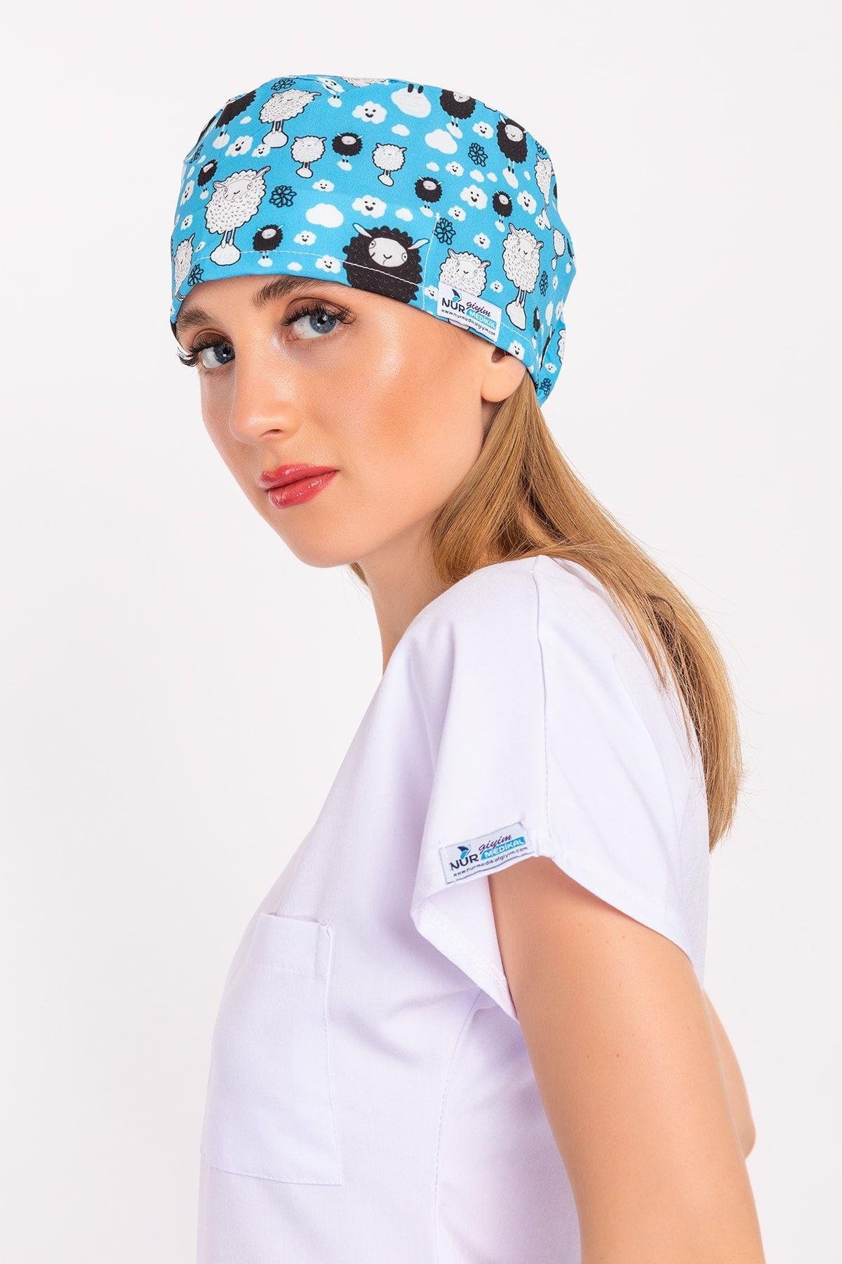 Mavi Koyun Desenli Cerrahi Bone Doktor Hemşire Hastane Medikal Cerrahi Bone-Nur Ortopedi
