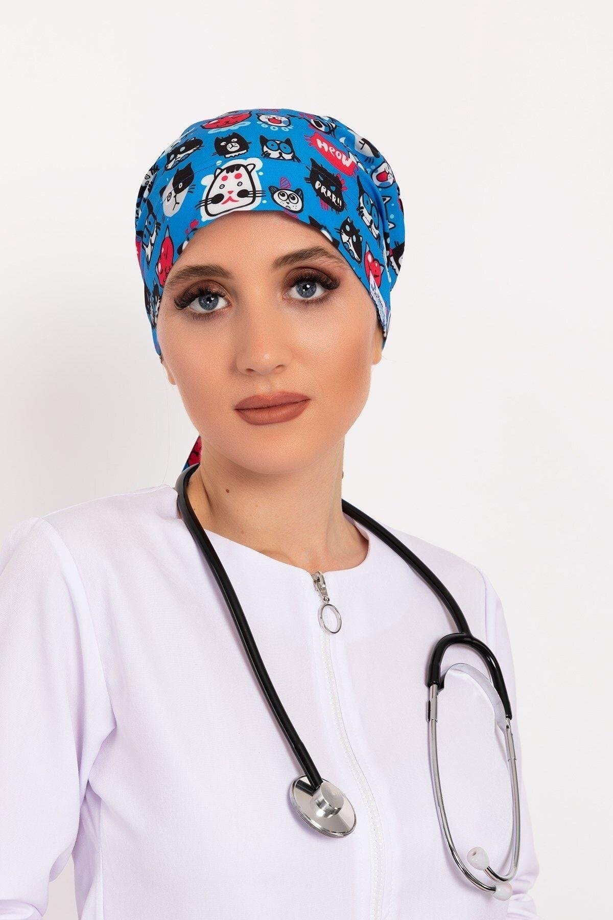 Meow Kedi Desenli Tesettür Doktor Hemşire Hastane Aşçı Cerrahi Bone-Nur Medikal Giyim